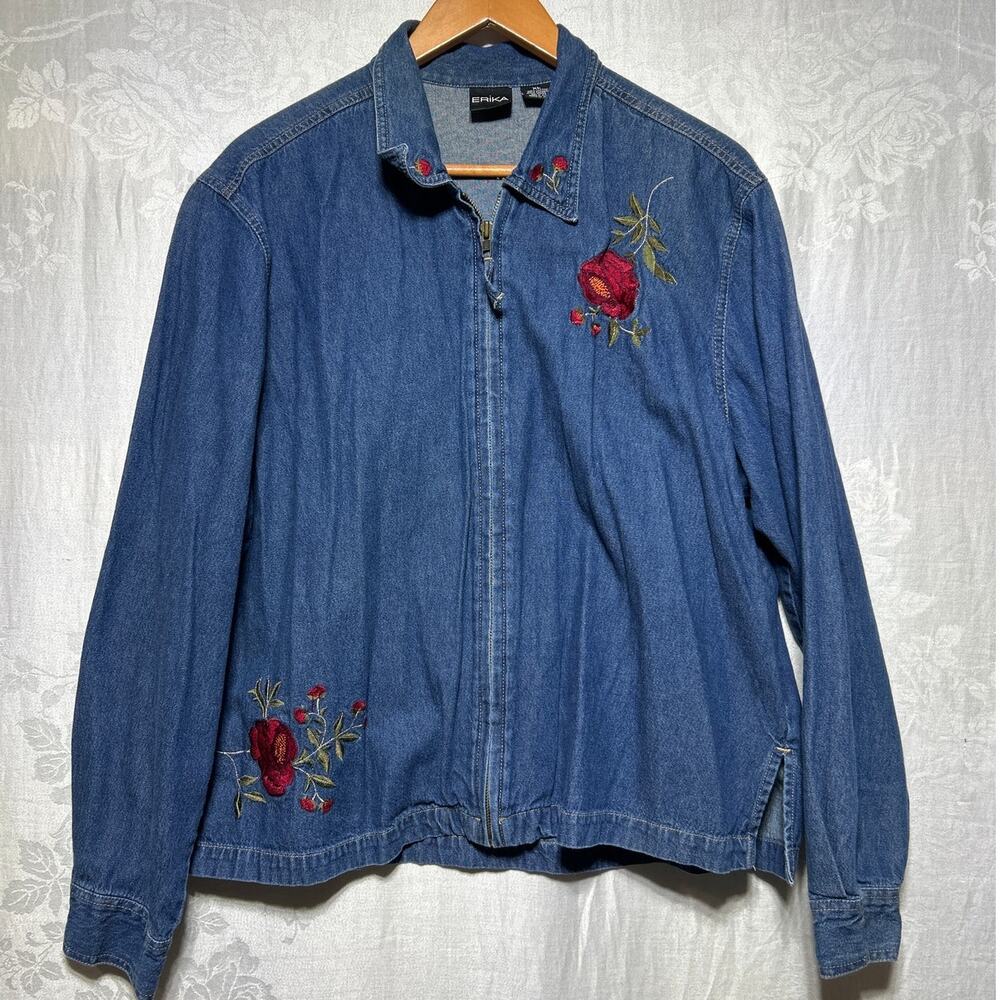 Vintage Jean Jacket XL Blue Denim Embroidered Roses Full Zip Erika